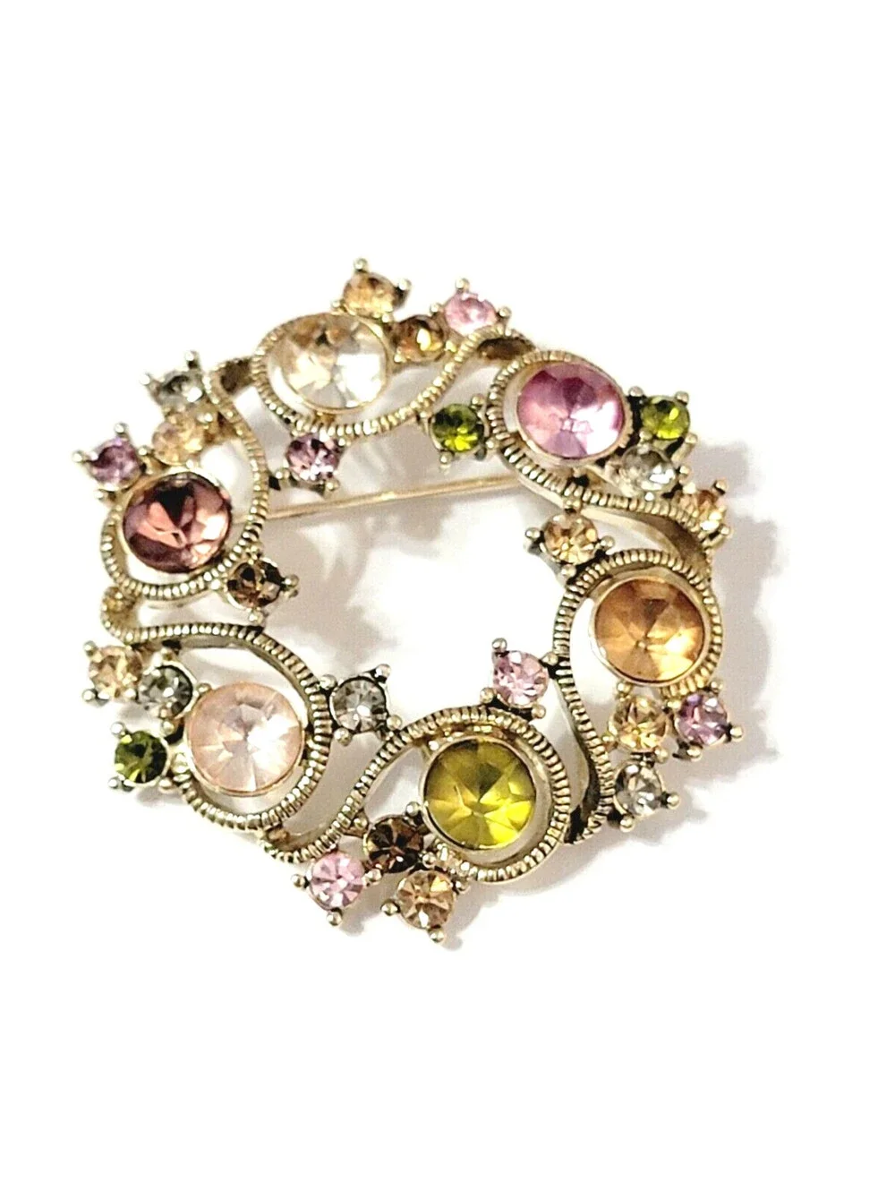 Monet Rhinestone Wreath Brooch Pin, Pink Green Amber Glass Designer go-102